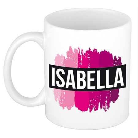 Naam cadeau mok / beker Isabella  met roze verfstrepen 300 ml