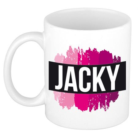 Naam cadeau mok / beker Jacky  met roze verfstrepen 300 ml