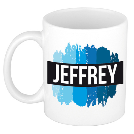 Naam cadeau mok / beker Jeffrey met blauwe verfstrepen 300 ml