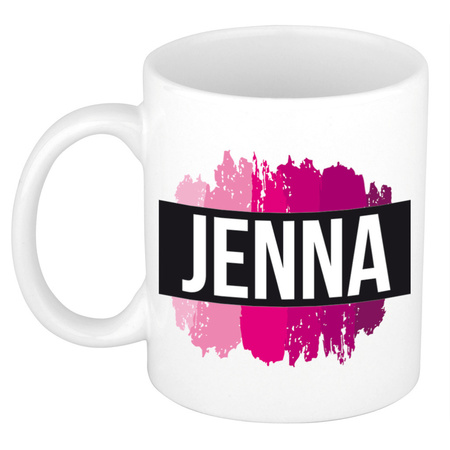 Naam cadeau mok / beker Jenna  met roze verfstrepen 300 ml