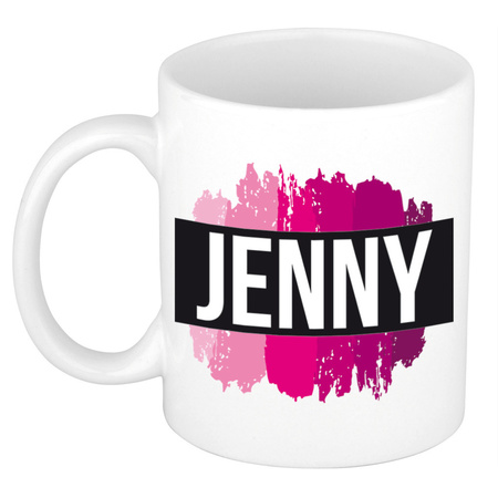 Naam cadeau mok / beker Jenny  met roze verfstrepen 300 ml
