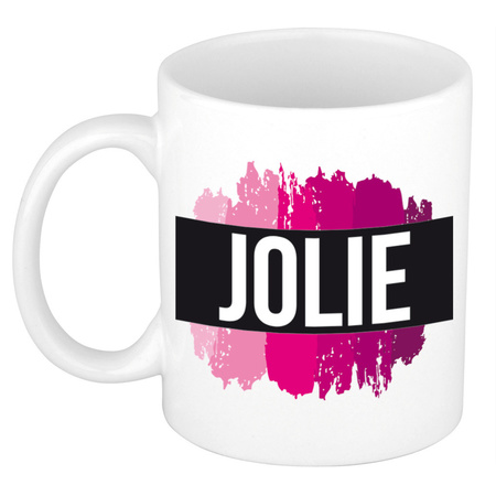 Naam cadeau mok / beker Jolie  met roze verfstrepen 300 ml