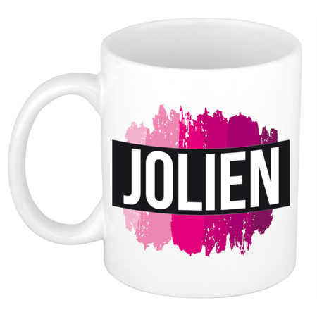 Naam cadeau mok / beker Jolien  met roze verfstrepen 300 ml
