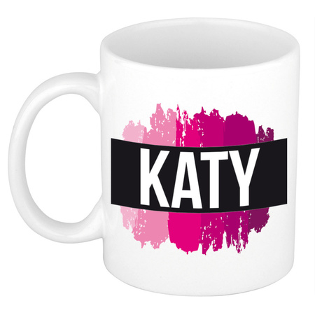 Name mug Katy  with pink paint marks  300 ml
