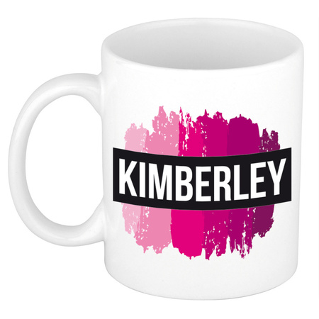 Naam cadeau mok / beker Kimberley  met roze verfstrepen 300 ml