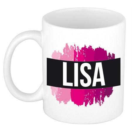 Naam cadeau mok / beker Lisa  met roze verfstrepen 300 ml