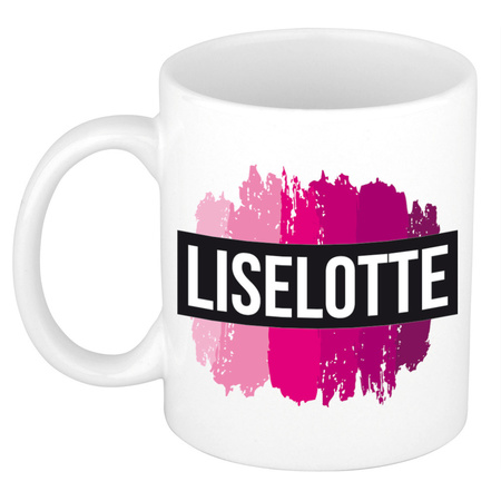 Naam cadeau mok / beker Liselotte  met roze verfstrepen 300 ml