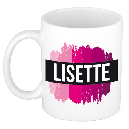 Naam cadeau mok / beker Lisette  met roze verfstrepen 300 ml