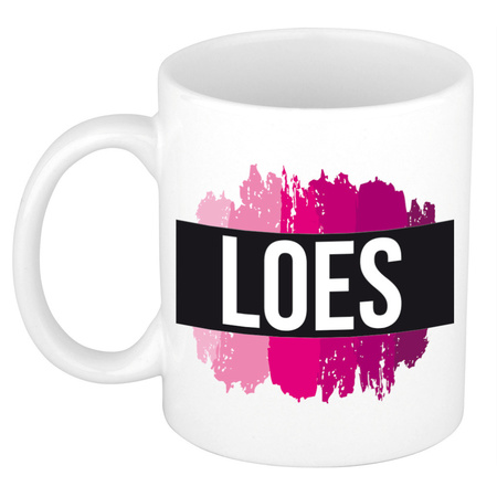 Name mug Loes  with pink paint marks  300 ml