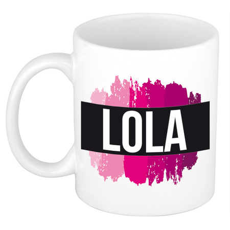 Naam cadeau mok / beker Lola  met roze verfstrepen 300 ml