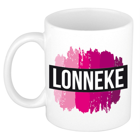 Name mug Lonneke  with pink paint marks  300 ml
