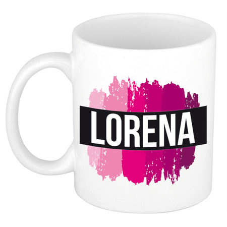 Naam cadeau mok / beker Lorena  met roze verfstrepen 300 ml