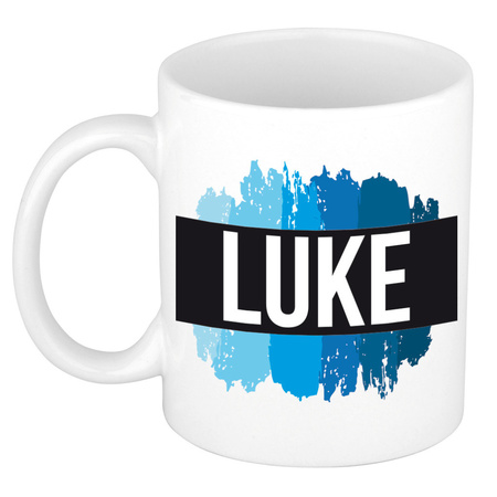 Naam cadeau mok / beker Luke met blauwe verfstrepen 300 ml