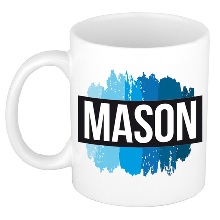 Naam cadeau mok / beker Mason met blauwe verfstrepen 300 ml