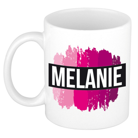 Name mug Melanie  with pink paint marks  300 ml