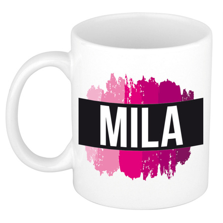 Name mug Mila  with pink paint marks  300 ml