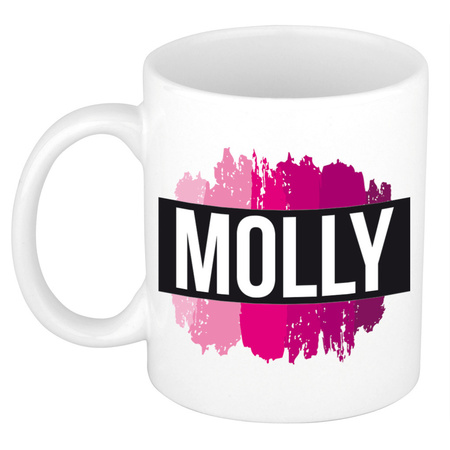Naam cadeau mok / beker Molly  met roze verfstrepen 300 ml