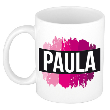 Naam cadeau mok / beker Paula  met roze verfstrepen 300 ml