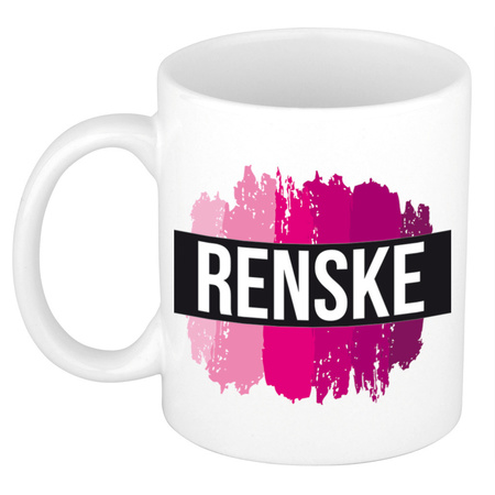 Naam cadeau mok / beker Renske  met roze verfstrepen 300 ml