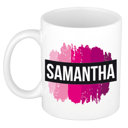 Naam cadeau mok / beker Samantha  met roze verfstrepen 300 ml