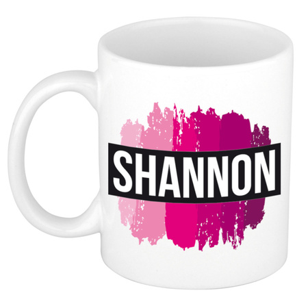 Naam cadeau mok / beker Shannon  met roze verfstrepen 300 ml