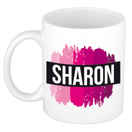 Naam cadeau mok / beker Sharon  met roze verfstrepen 300 ml