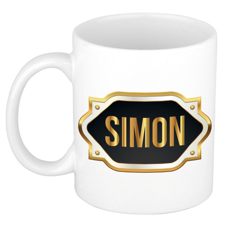 Naam cadeau mok / beker Simon met gouden embleem 300 ml