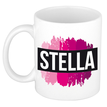 Naam cadeau mok / beker Stella  met roze verfstrepen 300 ml