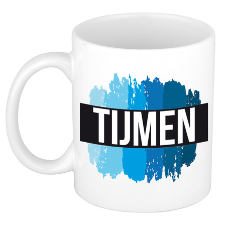 Name mug Tijmen with blue paint marks  300 ml