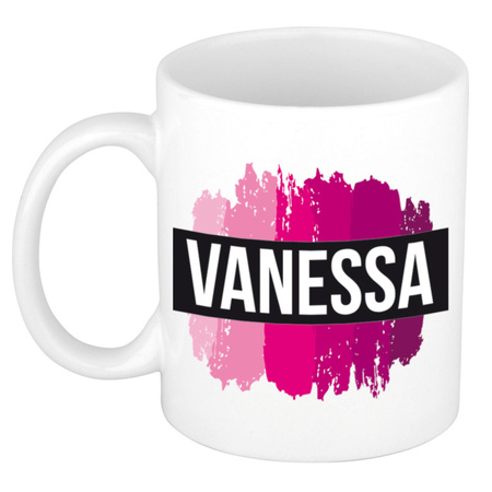 Naam cadeau mok / beker Vanessa  met roze verfstrepen 300 ml