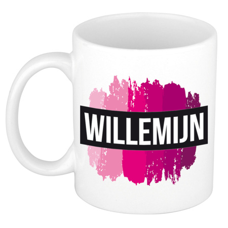 Naam cadeau mok / beker Willemijn  met roze verfstrepen 300 ml