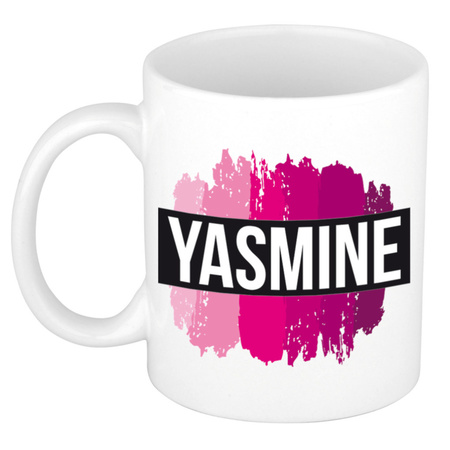 Naam cadeau mok / beker Yasmine  met roze verfstrepen 300 ml
