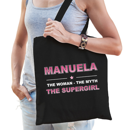 Naam cadeau tas Manuela - the supergirl zwart voor dames