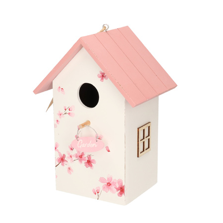 Nestkast/vogelhuisje hout wit met roze dak 15 x 12 x 22 cm