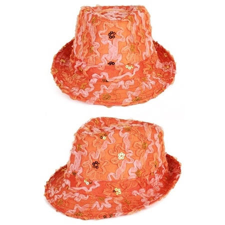 Oranje trilby verkleed hoedje dames met ruches en pailletten