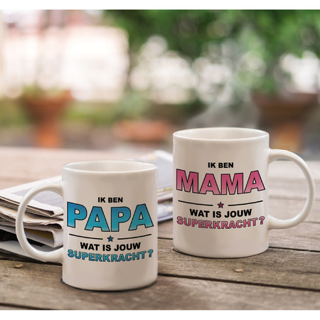 Papa en Mama superkracht mok - Cadeau beker set voor Papa en Mama
