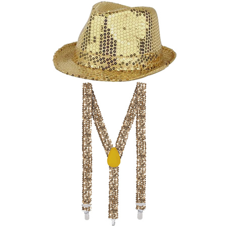 Party carnaval verkleed hoedje en bretels goud glitters