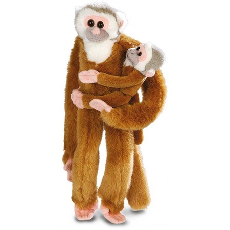 Pluche bruine hangende aap met baby 