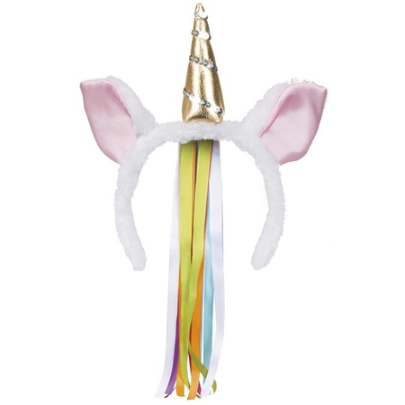 Plush unicorn headband with rainbow coloured ribbons
