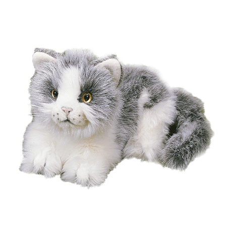 Plush grey white cat lying 20 cm