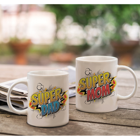 Pop art Super Dad en Mom mug - Gift cup set for Dad and Mom