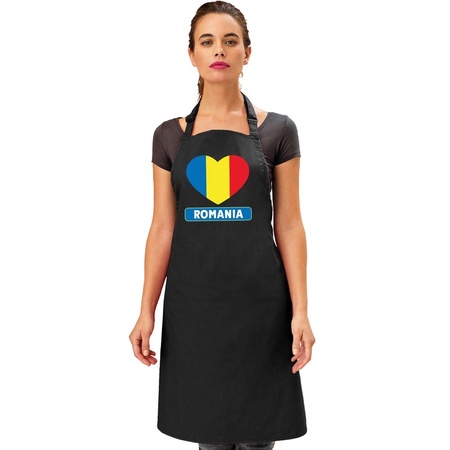 Roemenie hart vlag barbecueschort/ keukenschort zwart 