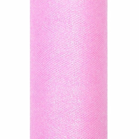 Rollen Glitter tule gaatjes stof roze 15 x 900 cm breed