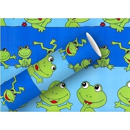 Rolls wrapping/gift paper blue/green frogs print 200 x 70 cm