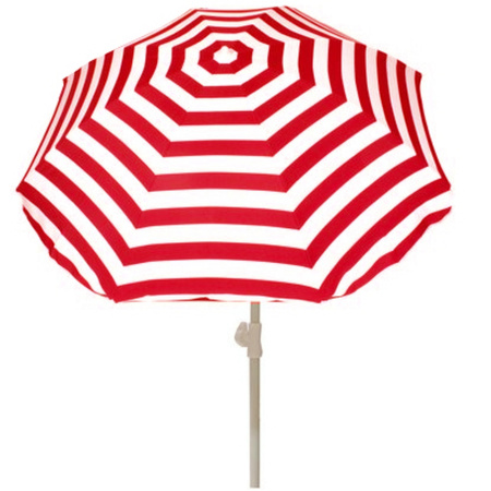 Voordelige set rood/wit gestreepte parasol en parasolvoet zwart