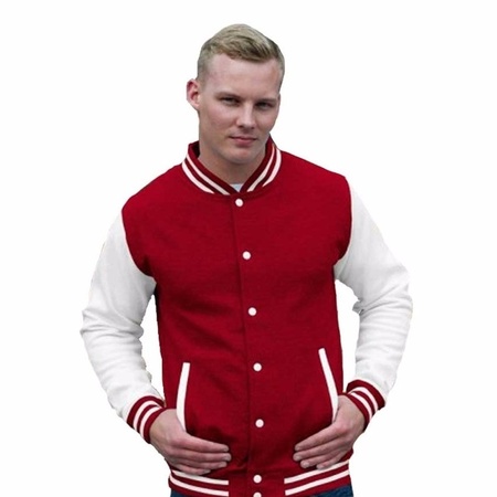 Red and white college jacket for men