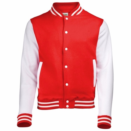 Red and white college jacket for men