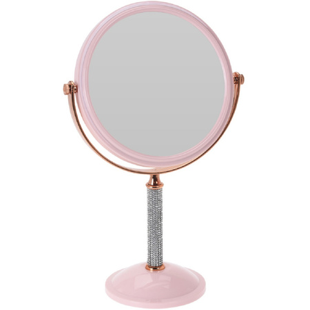 Roze make-up spiegel met strass steentjes rond dubbelzijdig 17,5 x 33 cm
