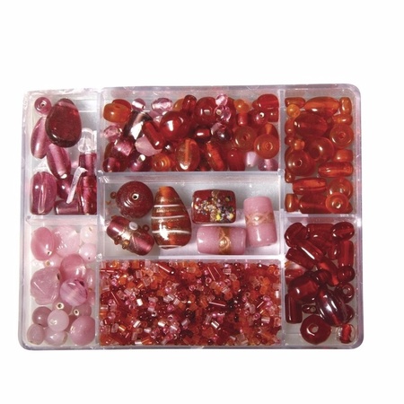 Roze/rode glaskralen in opbergdoos 115 gram hobbymateriaal