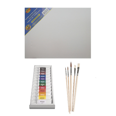 Painters set of 12x tubes acrylic paint 12 ml + brushes set + canvas 40 x 60 cm